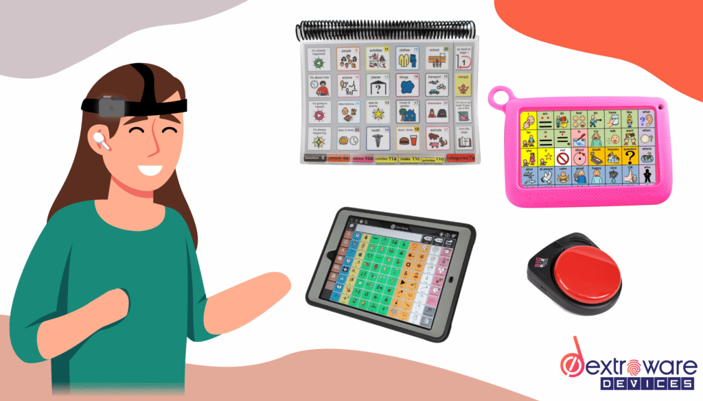 Illustration of a woman with AAC devices, including tablets and a switch button