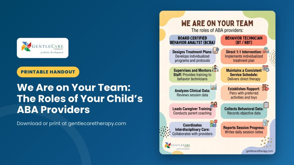 Printable GentleCare Therapy handout: We Are on Your Team: The Roles of Your Child’s ABA Providers