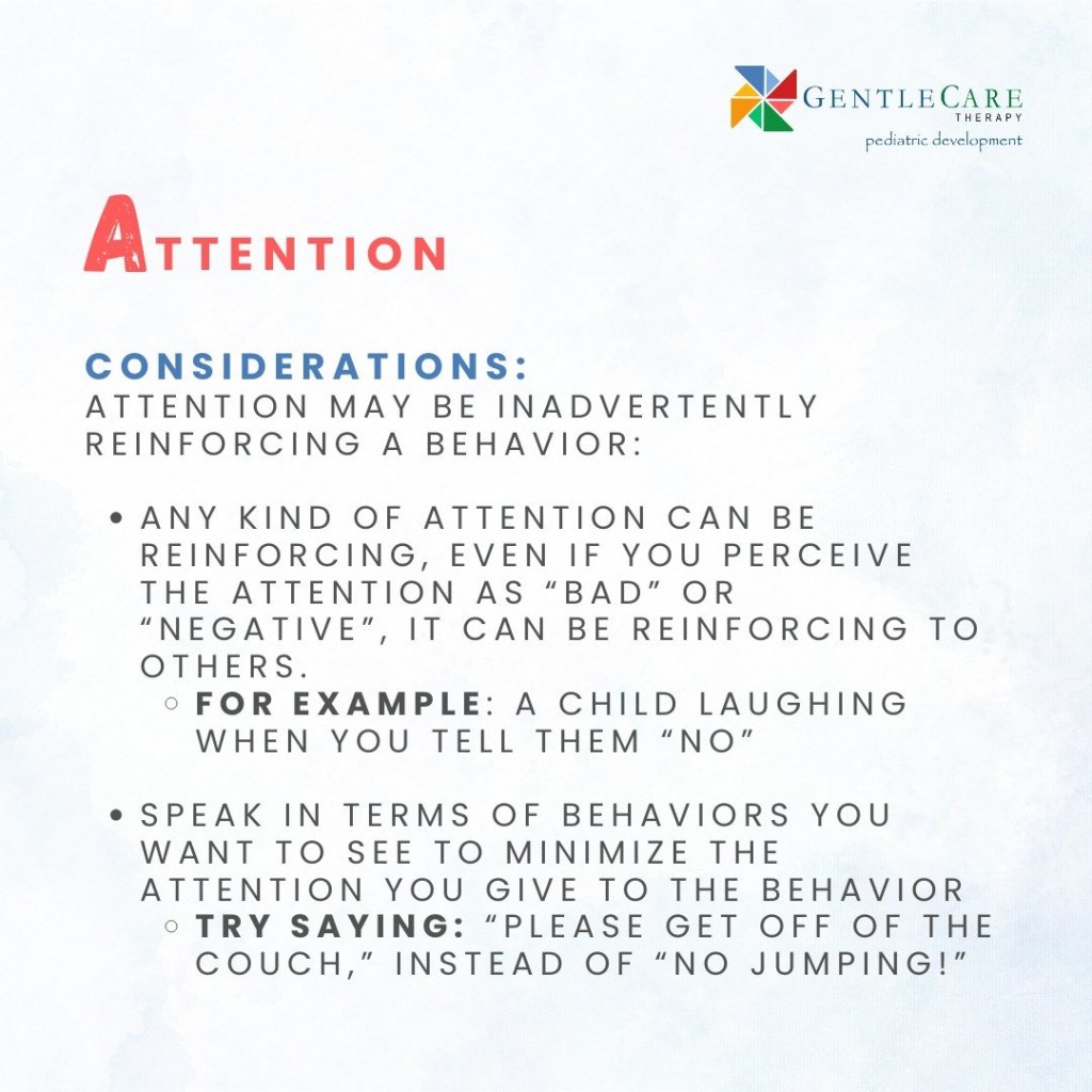 GentleCare Therapy graphic: considerations for attention-maintained behavior, such as speaking in terms of the behaviors you want to see.