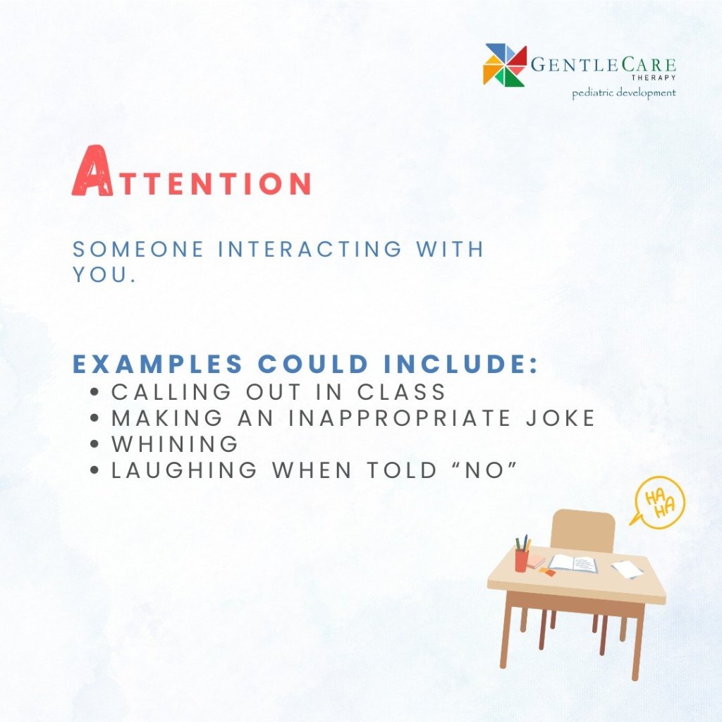 GentleCare Therapy graphic: Attention means someone interacting with you. Examples include calling out in class, making an inappropriate joke, whining, and laughing when told no.